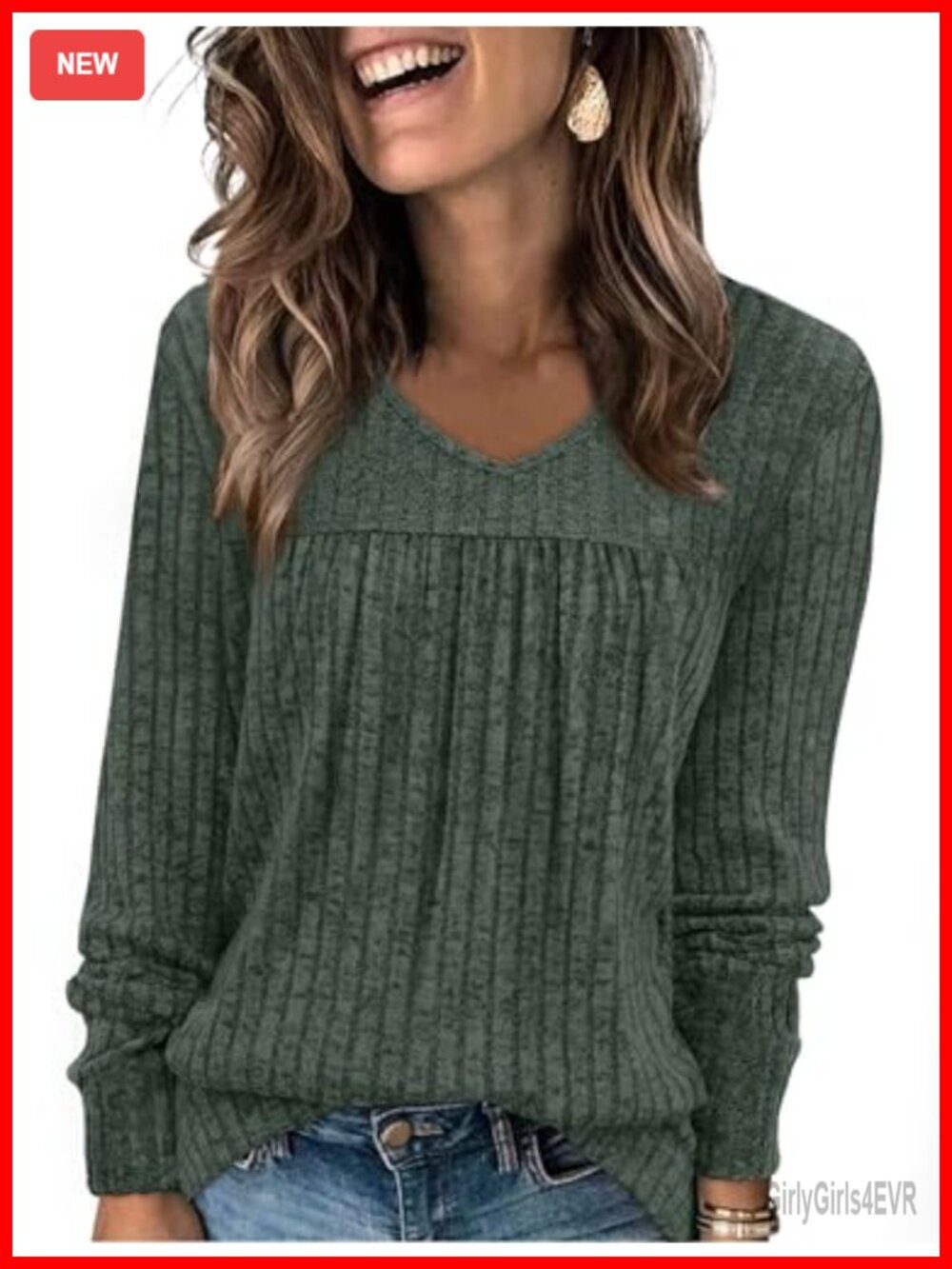 Womens Long Sleeve V Neck Ribbed Tunic Top Lightweight Sweater Casual Fall